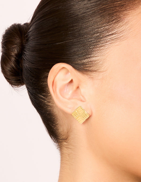 Waterproof Gold Plated Stainless Steel Square Ribbed Stud Earrings
