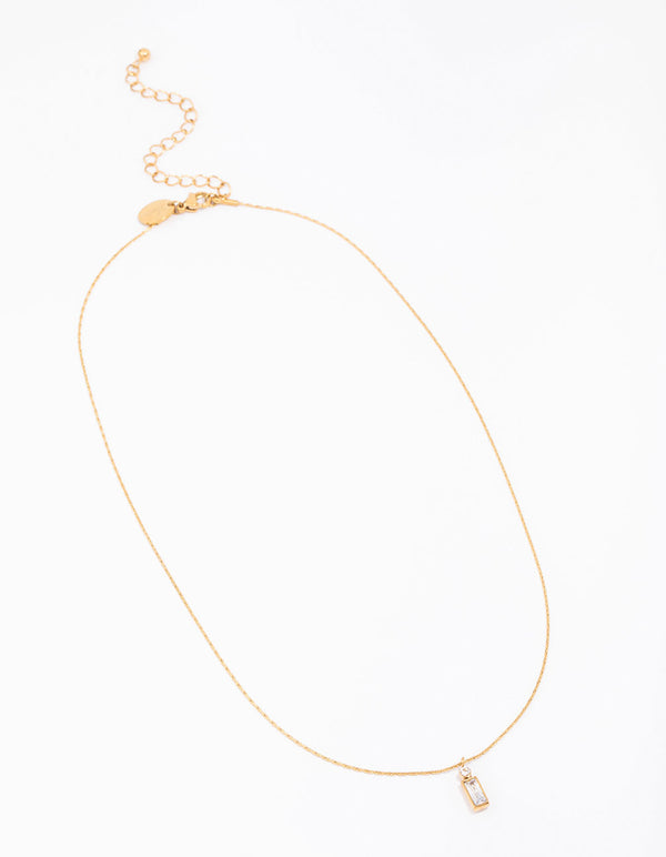 Elegant waterproof thin pendant necklace featuring baguette and round stone cut crafted from cubic zirconia, gold plated stainless steel front view