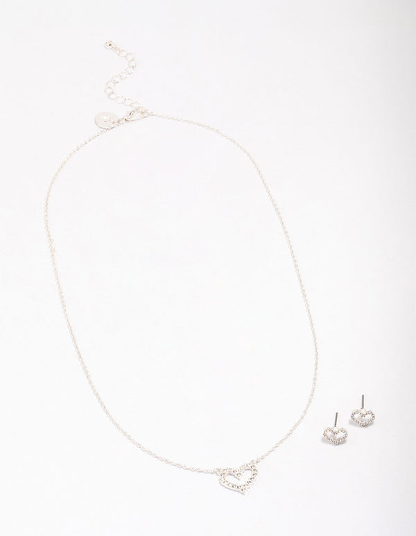 Silver Open Diamante Heart Jewellery Set