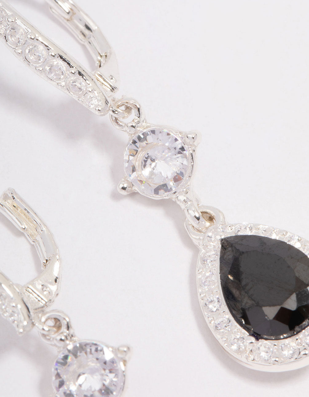 Silver Cubic Zirconia Black Pear Huggie Hoop Earrings
