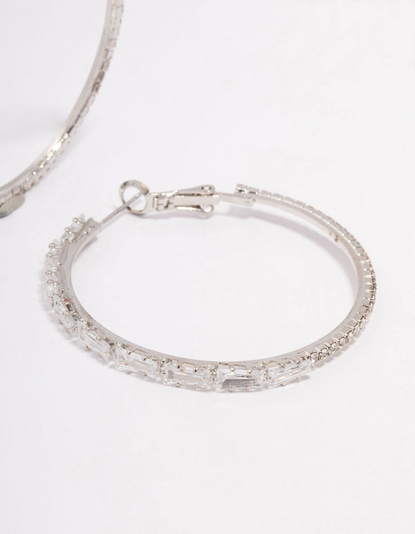 Silver Cubic Zirconia Baguette Stone Hoop Earrings
