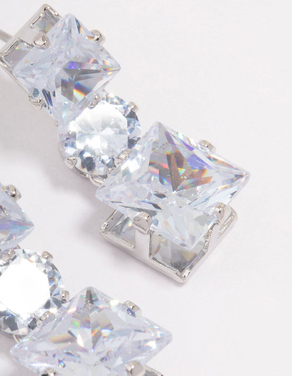 Silver Triple Cubic Zirconia Square Drop Earrings