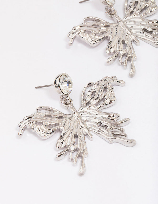 Silver Diamante Goth Butterfly Drop Earrings