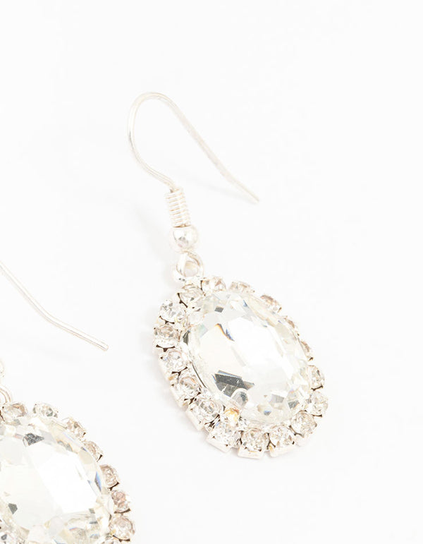 Silver Oval Halo Drop Earrings