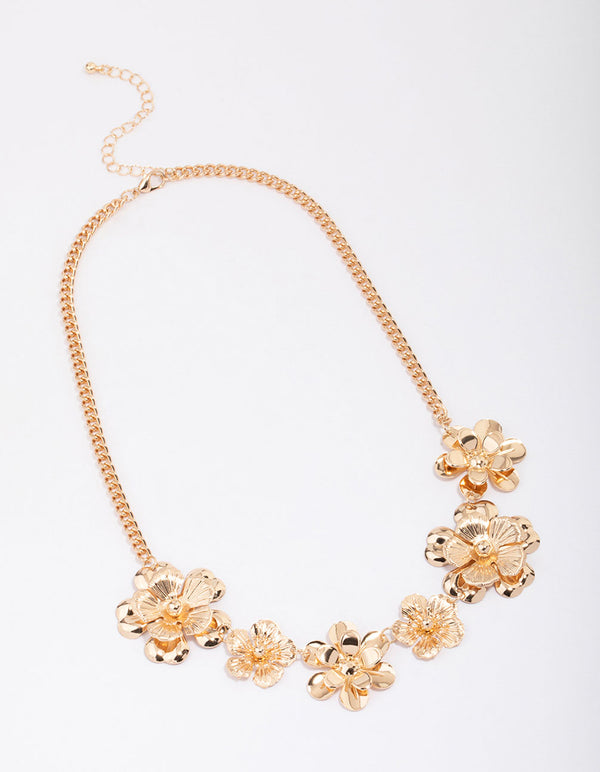 Gold Textured Flower Statement Necklace