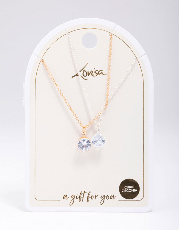 Gold & Silver Mixed Metal Solitaire Crystal Necklaces 2-Pack