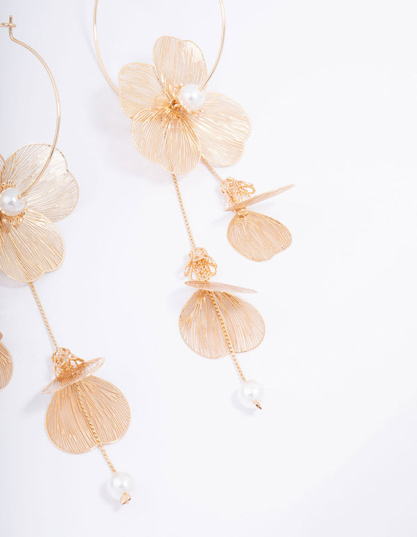 Gold Textured Petal Pearl Drop Earrings