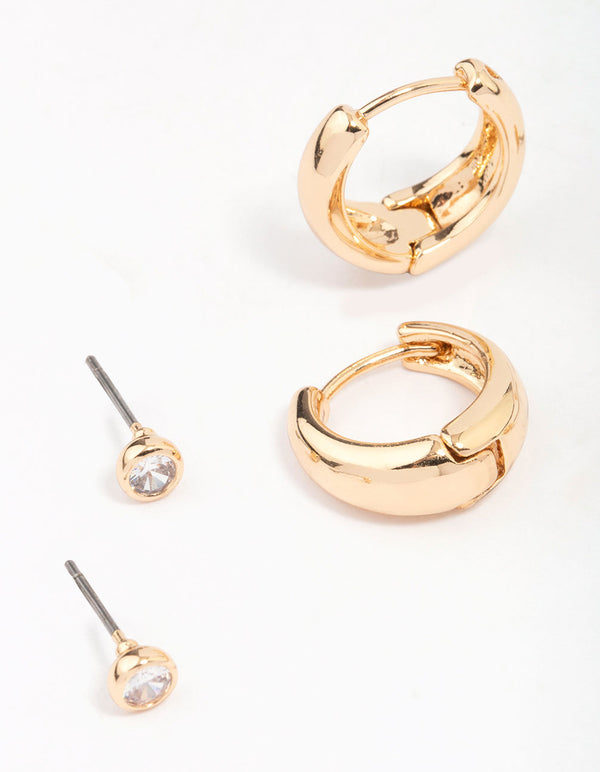 Gold Mixed Simple Stud & Hoop Earring 3-Pack