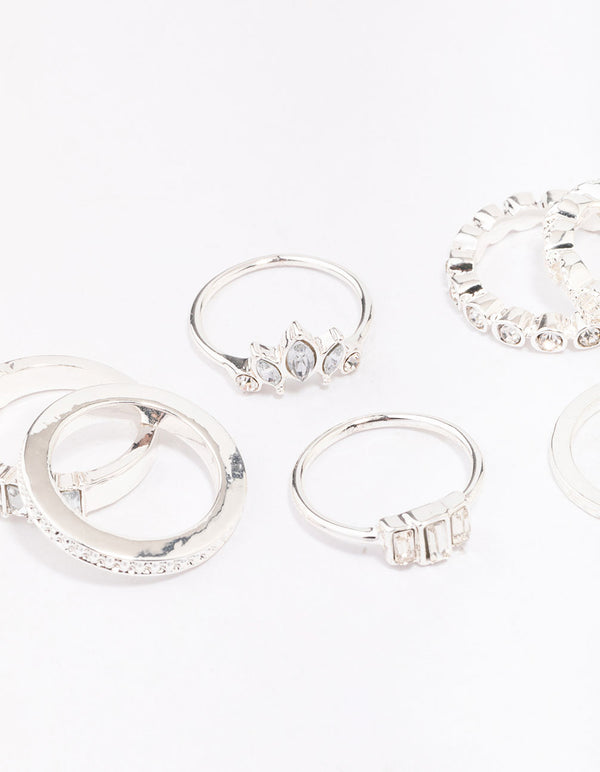 Silver Diamante Mixed Band Ring Pack