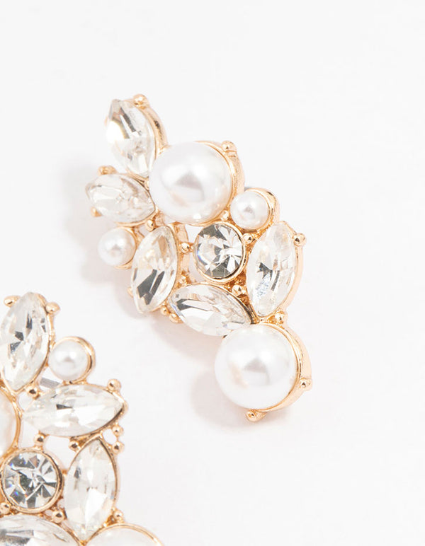 Gold Diamante Pearl Stud Earrings