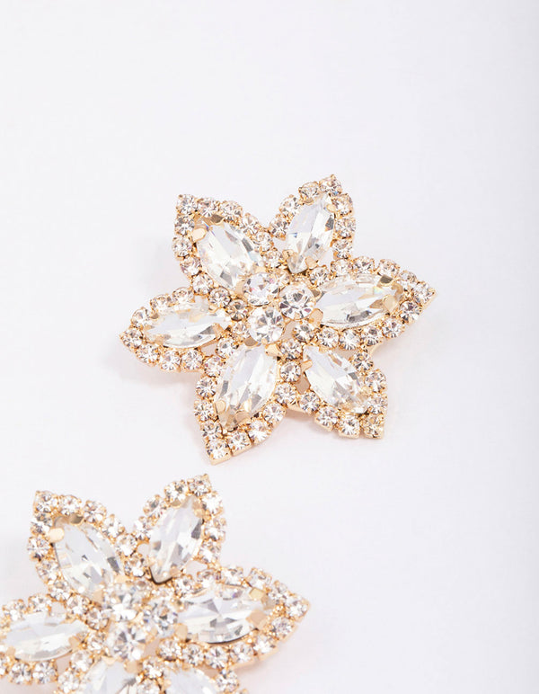 Gold Flower Diamante Stud Earrings