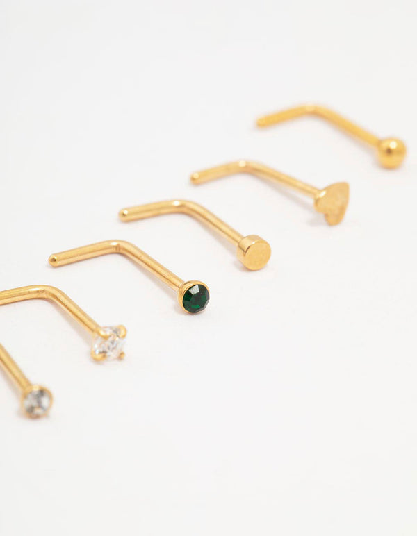 Gold Plated Surgical Steel Heart Diamante Nose 6-Pack