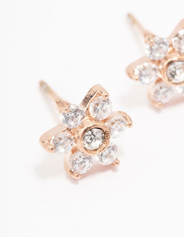 Rose Gold Plated Surgical Steel Cubic Zirconia Flower Stud Earrings
