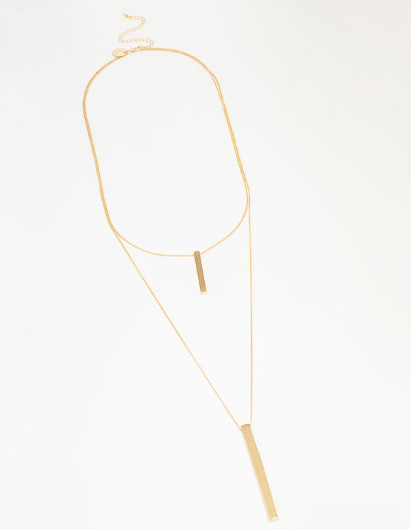 Gold Double Row Long Bar Necklace