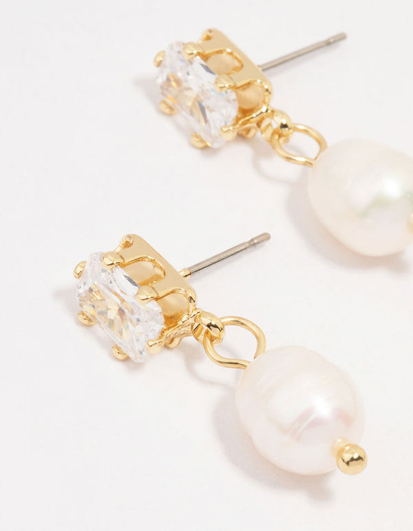 Gold Plated Emerald-Cut Crystal & Pearl Drop Earrings