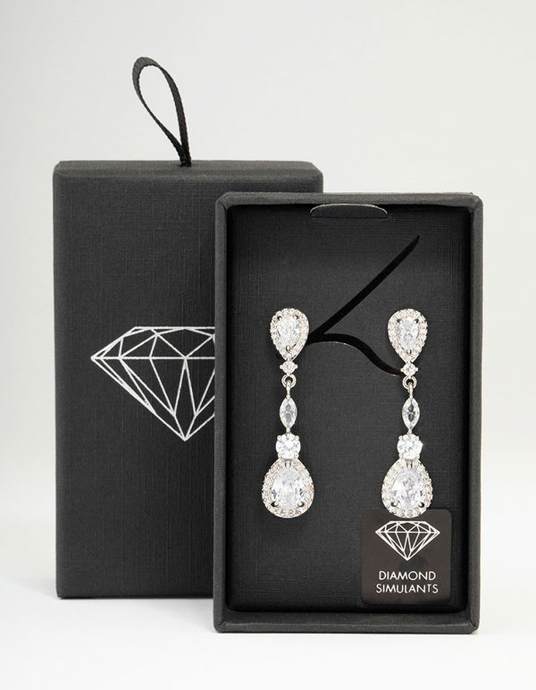 Silver Cubic Zirconia Pear Halo Drop Earrings