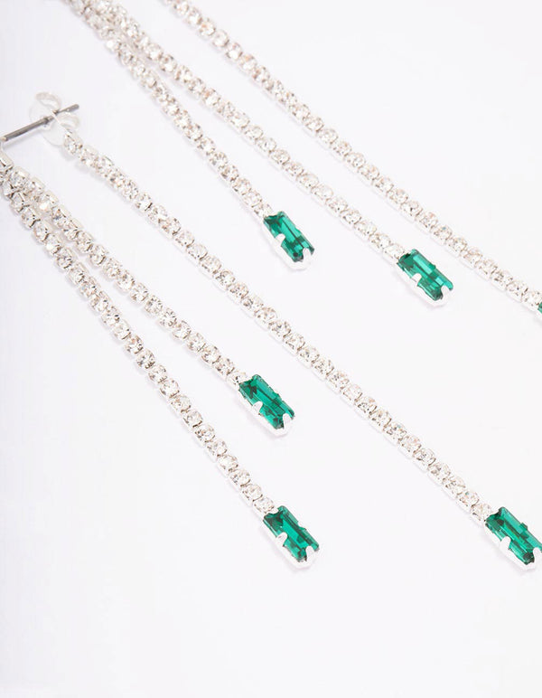 Silver Triple Row Emerald Cupchain Drop Earrings