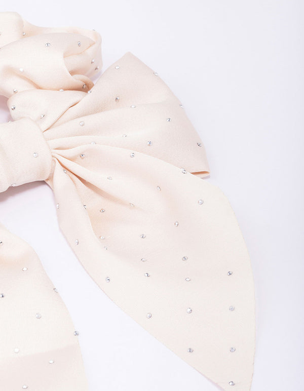 Neutral Fabric Bow Diamante Studded Scrunchie