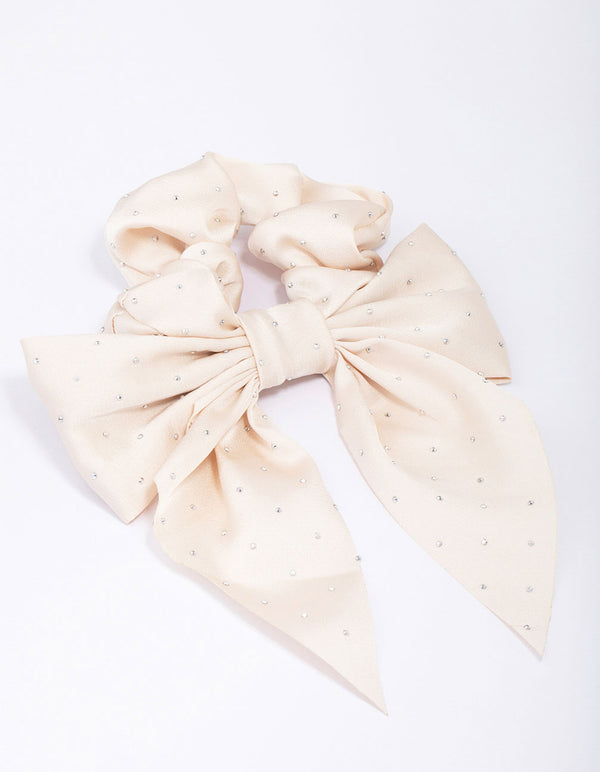 Neutral Fabric Bow Diamante Studded Scrunchie