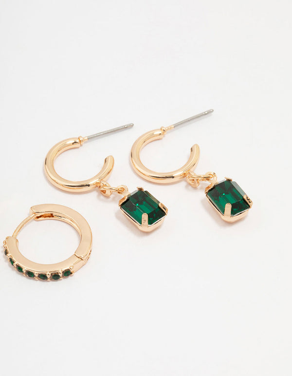 Gold Emerald Stud Earrings 3-Pack