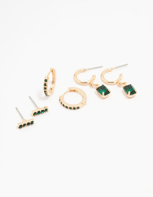 Gold Emerald Stud Earrings 3-Pack