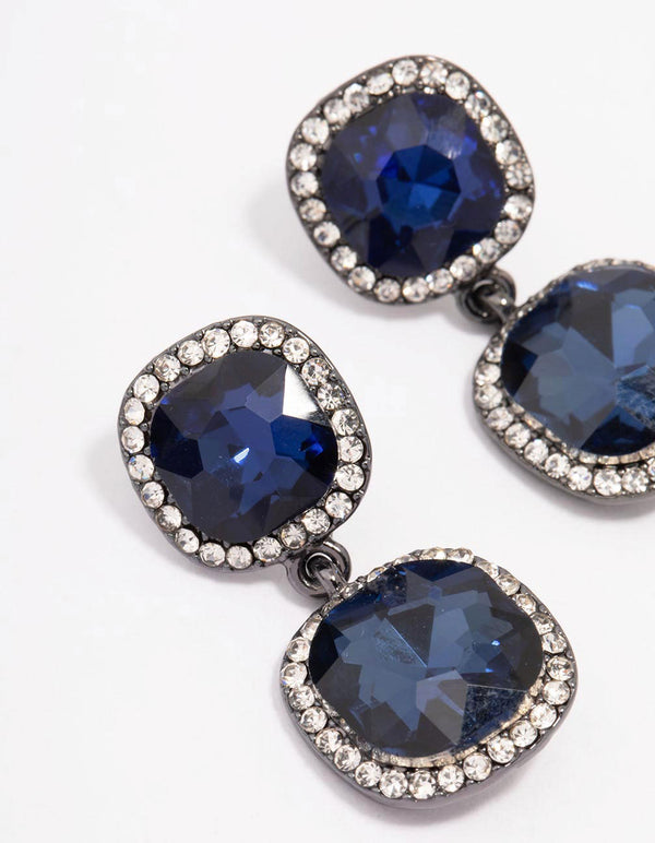 Gunmetal Double Square Halo Drop Earrings