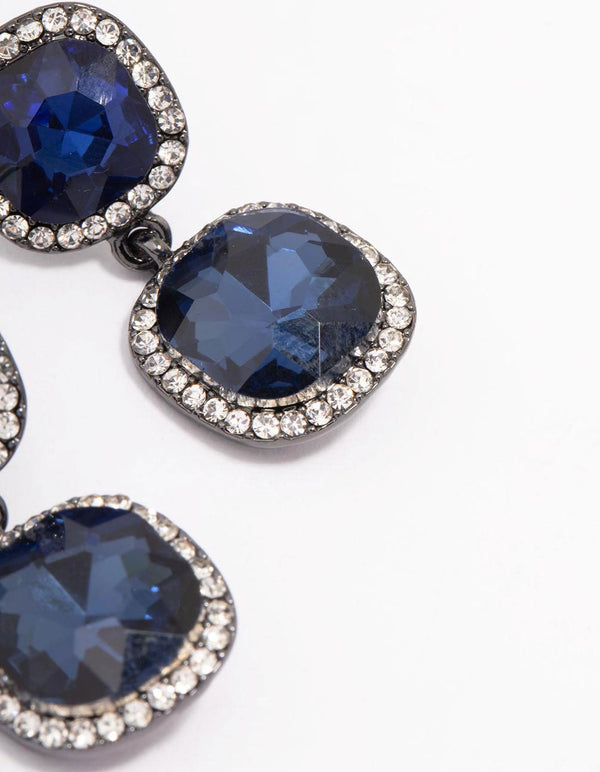 Gunmetal Double Square Halo Drop Earrings