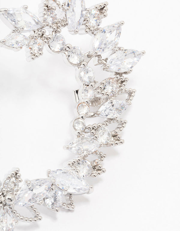 Stunning silver cubic zirconia grand marquise earring cuff with floral and leaf accents close up view