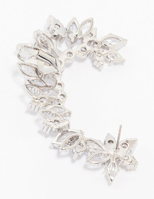 Beautifully designed silver cubic zirconia grand marquise earring cuff showcasing floral and leaf details post detail view