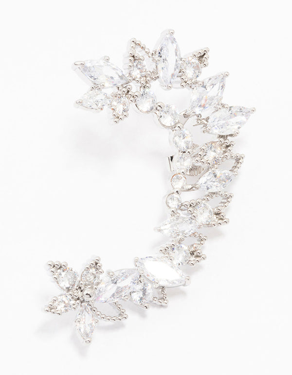 Elegantly crafted silver cubic zirconia grand marquise earring cuff featuring floral and leaf design elements front view