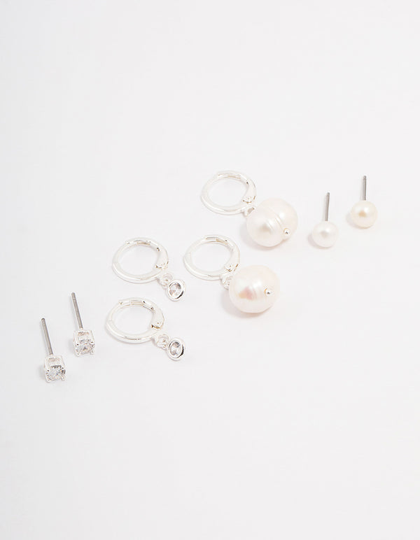 Silver Plated Brass Freshwater Pearl Earring 4-Pack