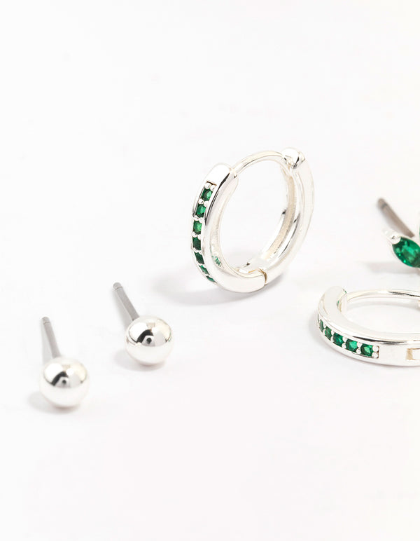 Silver Plated Brass Cubic Zirconia Marquise Stud & Huggie Hoop Earring Pack