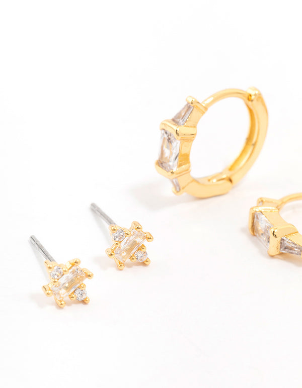 Gold Plated Brass Boho Baguette Earring 3-Pack