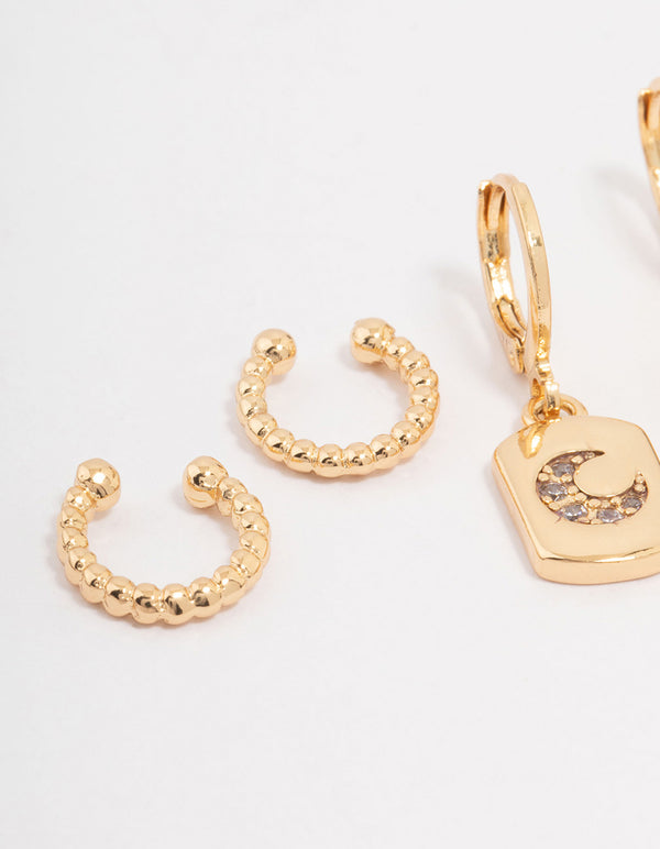 Gold Plated Brass Moon Charm Earring 3-Pack