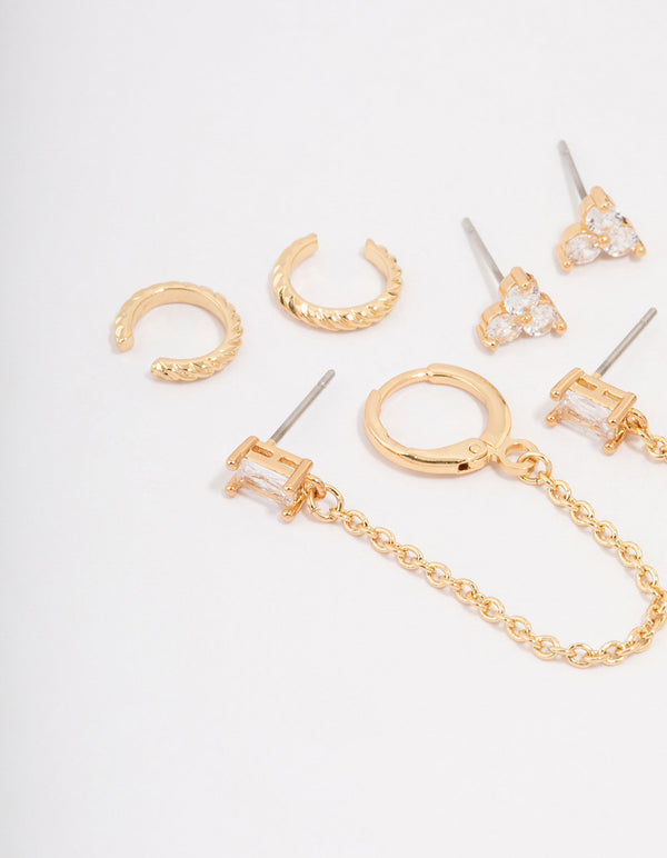 Gold Plated Brass Baguette Chain Flower Earring 4-Pack