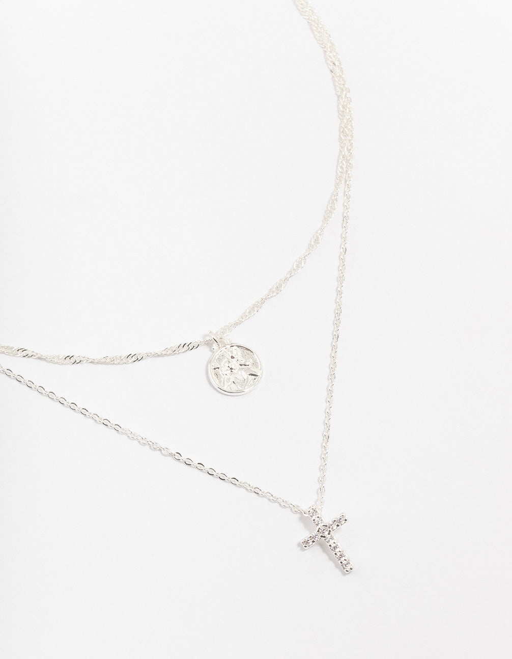 Silver Plated Brass Cubic Zirconia Cross Coin Layered Necklace