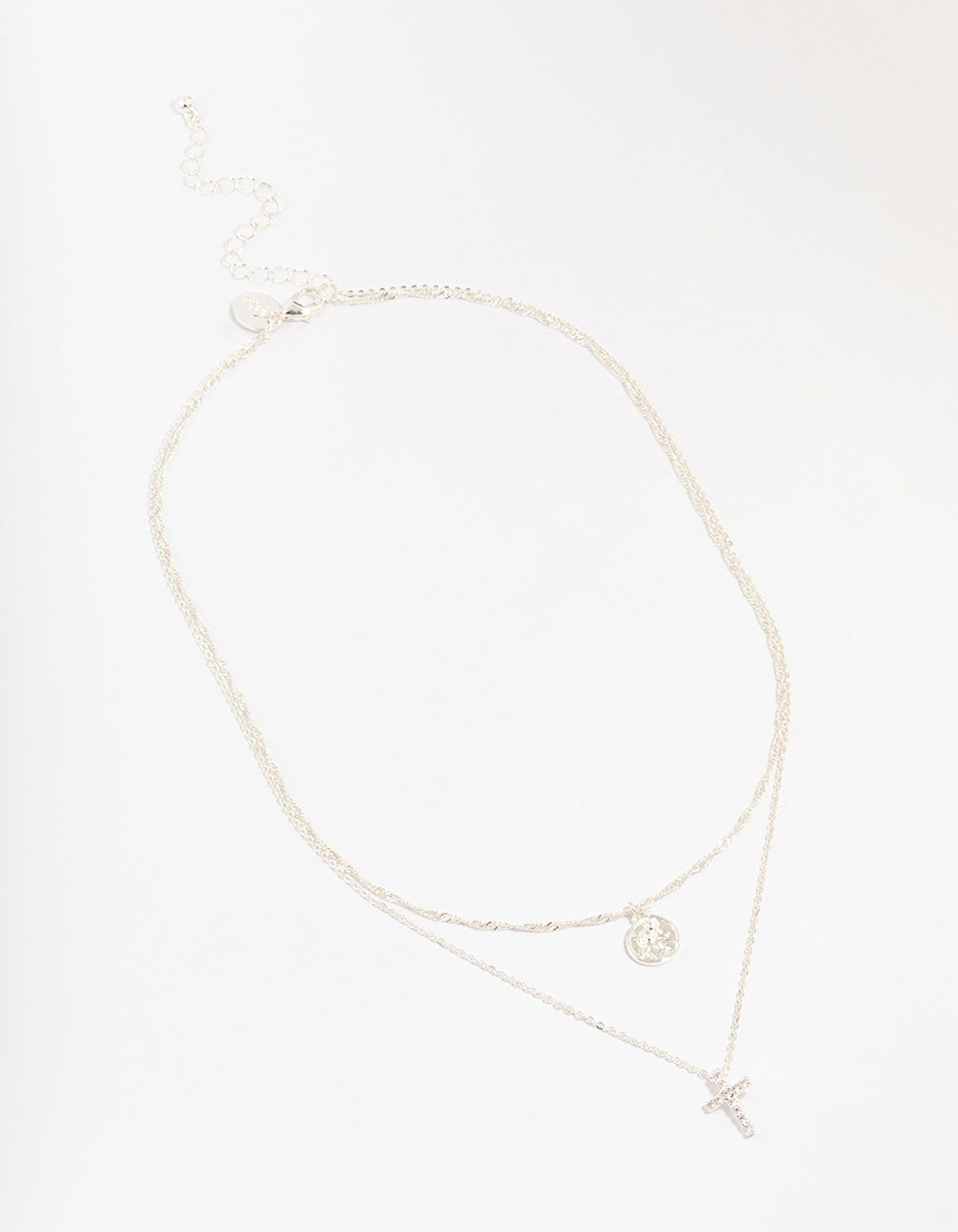 Silver Plated Brass Cubic Zirconia Cross Coin Layered Necklace