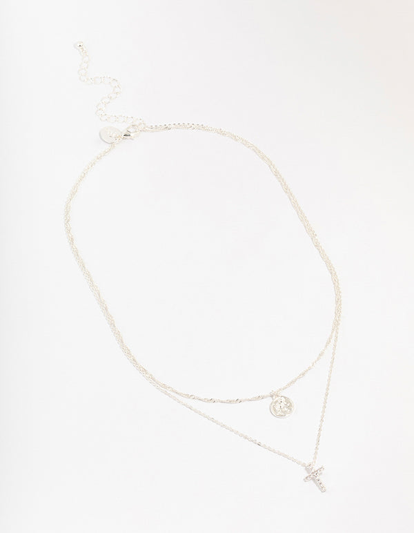 Silver Plated Brass Cubic Zirconia Cross Coin Layered Necklace