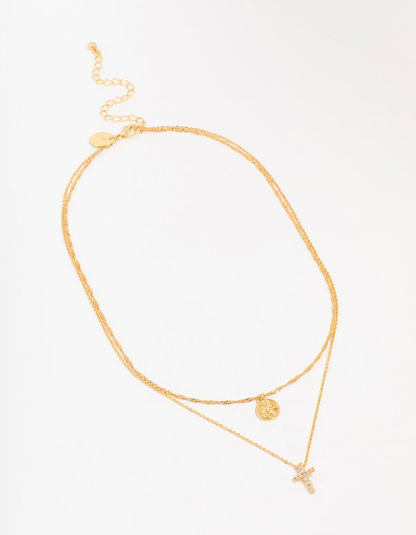 Gold Plated Brass Cubic Zirconia Cross Coin Layered Necklace