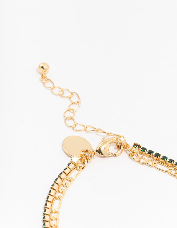 Gold Plated Brass Double Chain & Crystal Bracelet