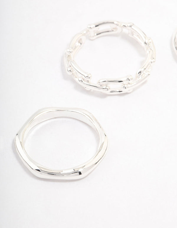 Crafted from silver plated material, this chain link stacking ring pack close up view