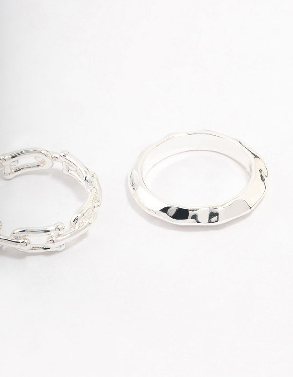 Crafted from silver plated material, this chain link stacking ring pack close up view