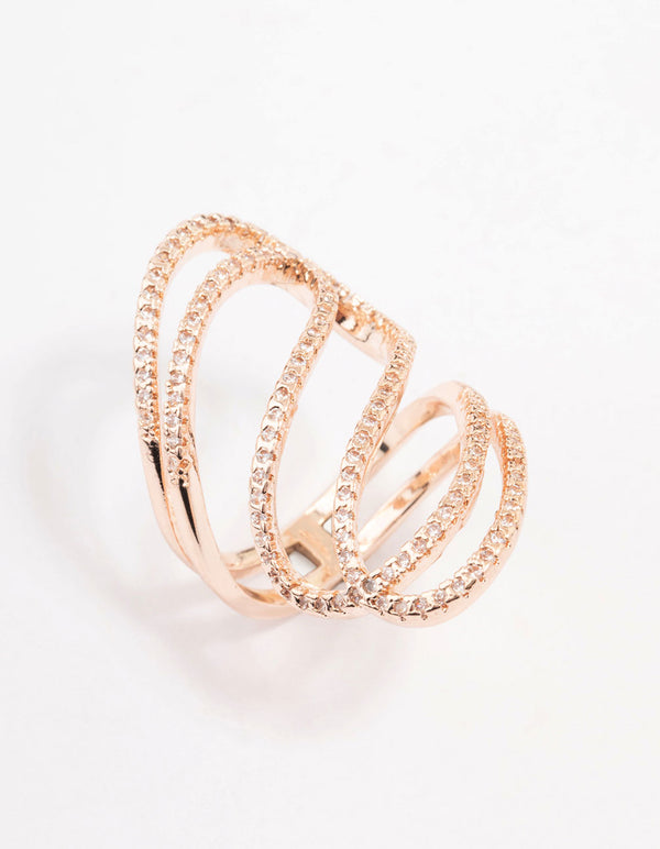 Elegant rose gold lovely ribbon cubic zirconia cocktail ring front view