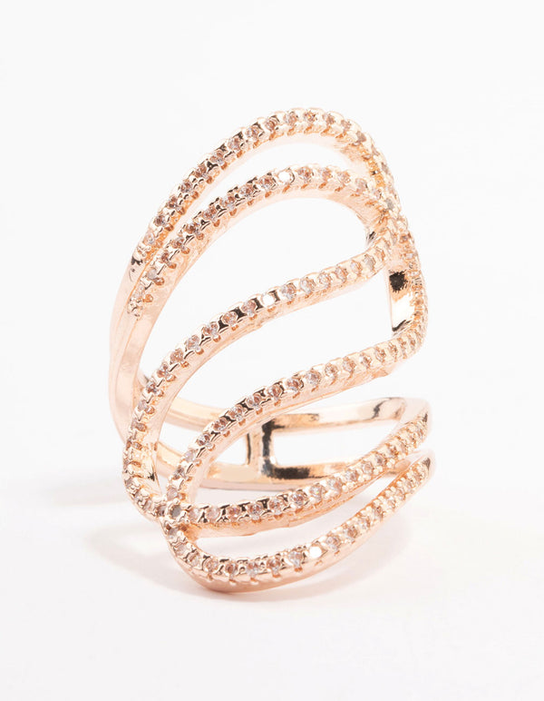 Beautifully crafted rose gold lovely ribbon cubic zirconia cocktail ring close up view