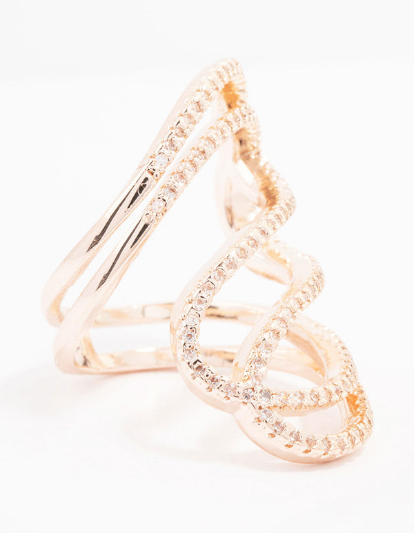 Showcasing a rose gold lovely ribbon cubic zirconia cocktail ring side detail view