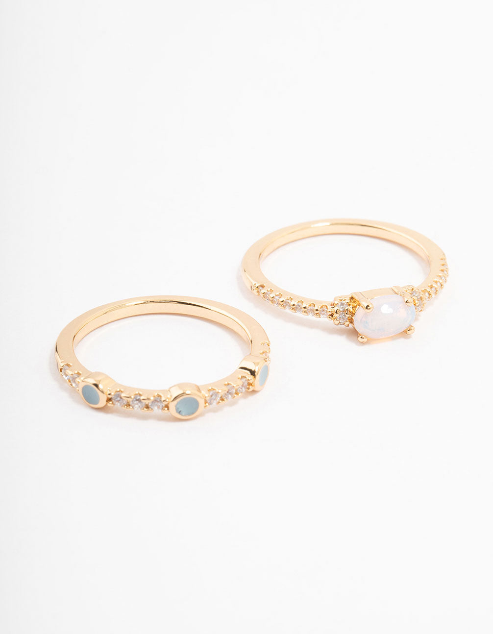 Introducing gold plated oval bezel stacking rings with dainty design front view