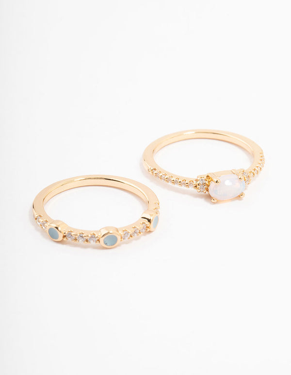 Introducing gold plated oval bezel stacking rings with dainty design front view