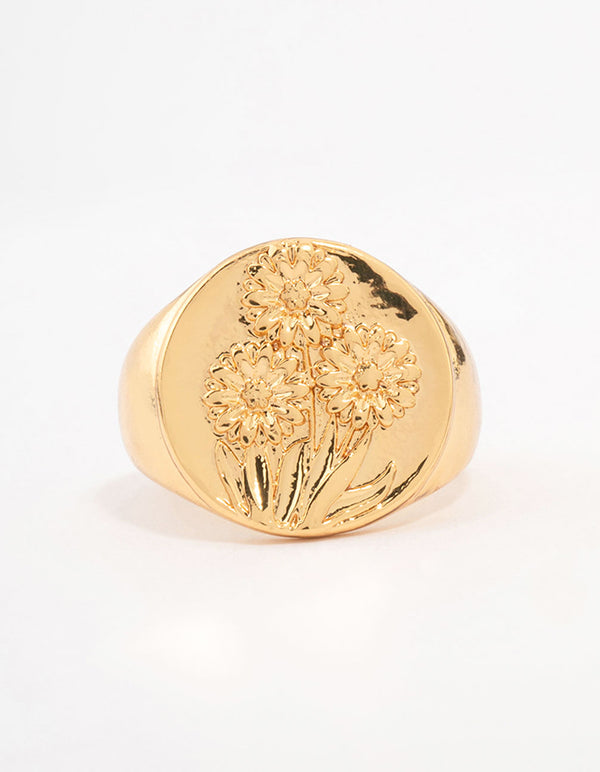 Gold Plated Floral Signet Ring