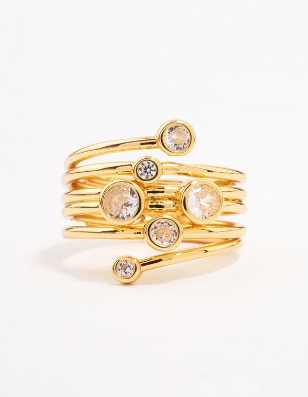 Stunning gold plated bezel layered coil ring featuring cubic zirconia close up view