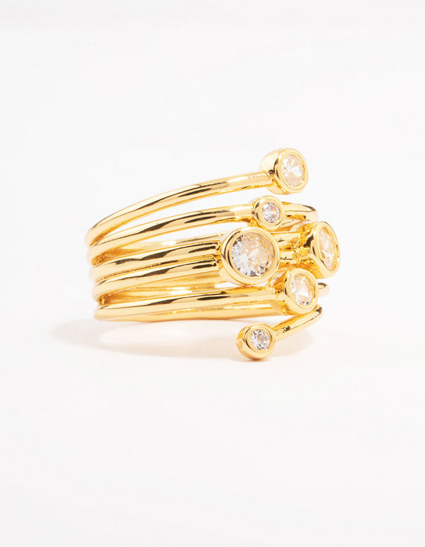 Showcasing a gold plated bezel layered coil ring featuring cubic zirconia side detail view